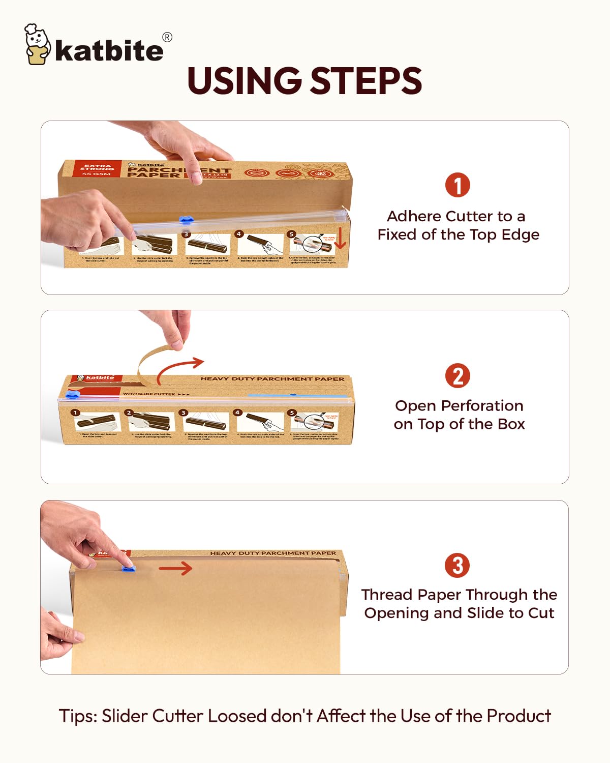 Katbite Unbleached Parchment Paper Roll for Baking, 12in x 262ft, 260 Sq.Ft, Brown with Slide Cutter