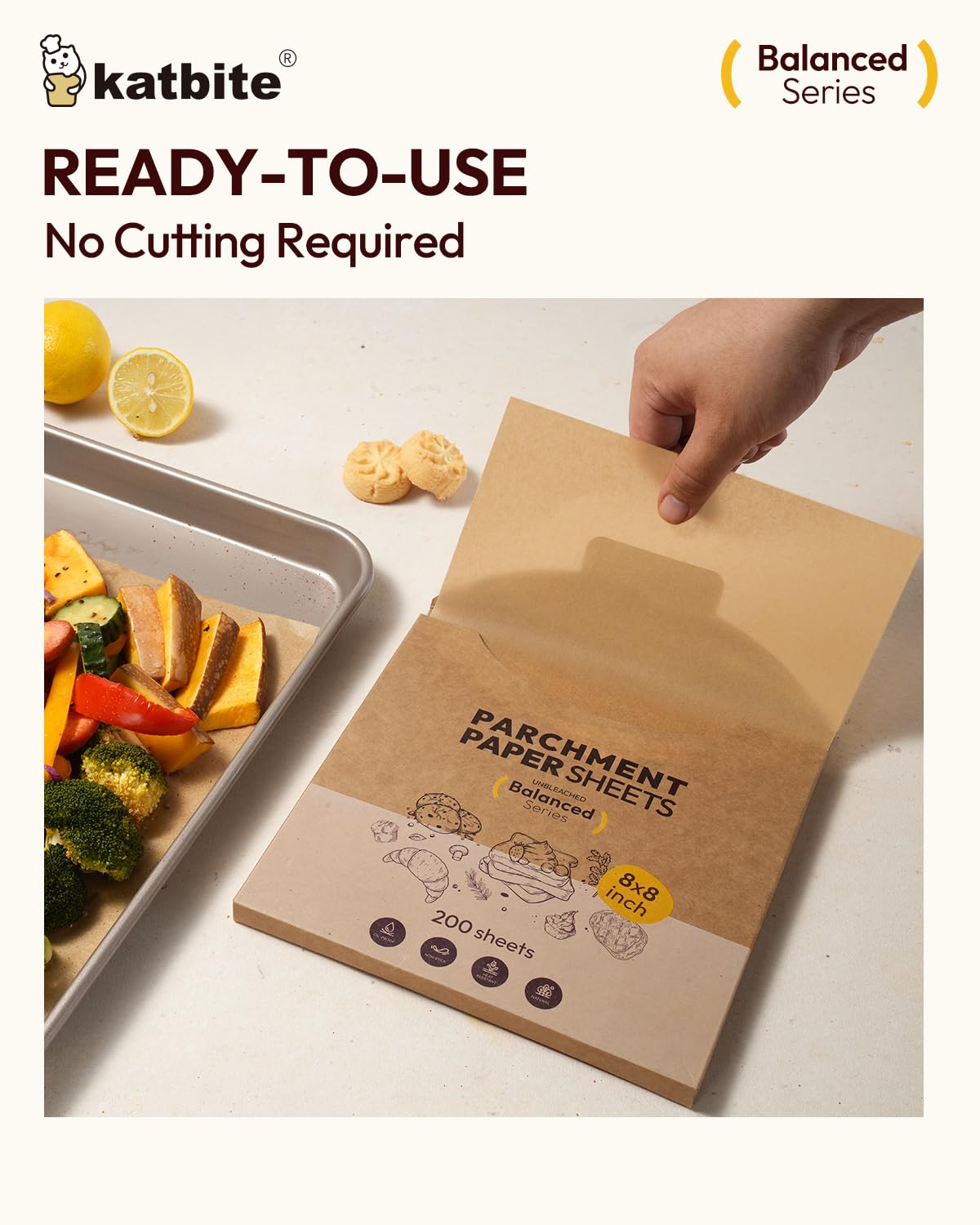 Katbite parchment paper baking sheets, 8 x 8 inch, 200 count, unbleached, non-stick, oil-resistant, precut square liners
