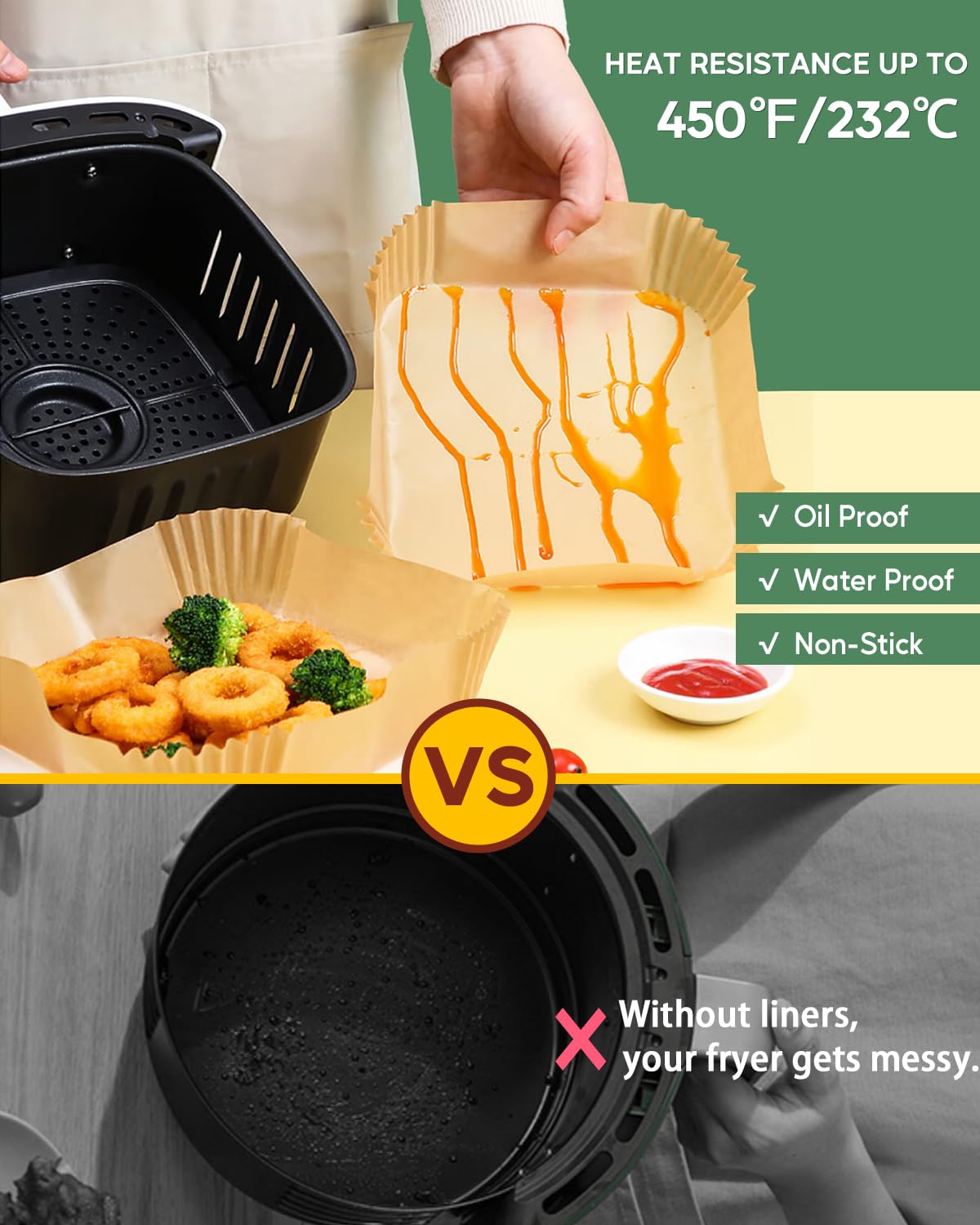 Katbite 6.3 Inch 130PCS Square Disposable Air Fryer Liners, Unbleached Non-Stick & Oil-proof Parchment Paper