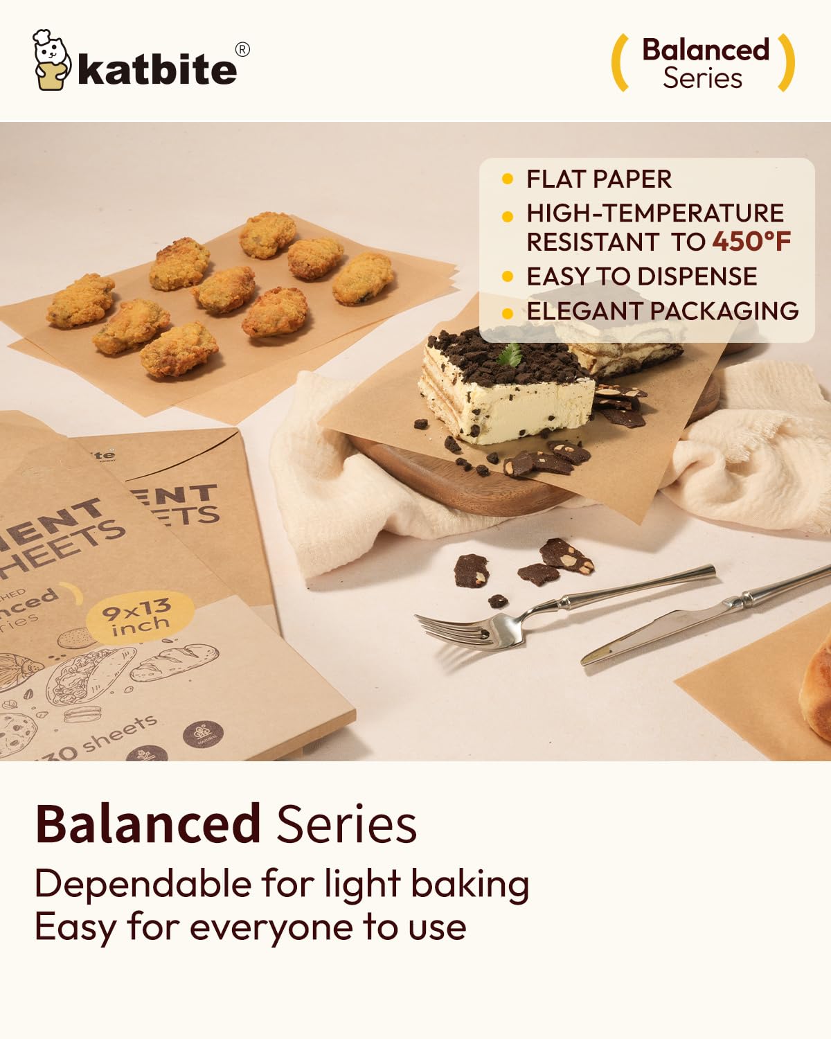 Katbite 130 Pcs 9x13 Inch Unbleached Parchment Paper Sheets, Non-Stick, Balanced Series