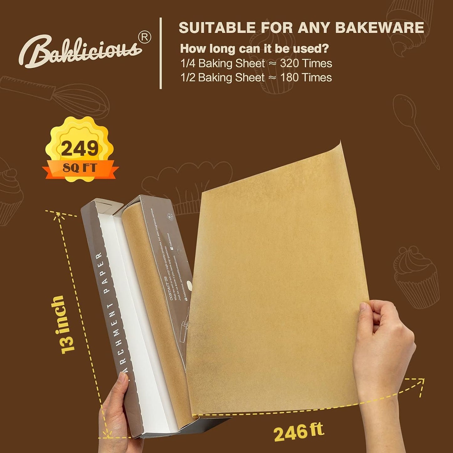 Baklicious Non-Stick Baking Paper Roll, 13 in x 242 ft, 1 Roll, Food Grade for Bread