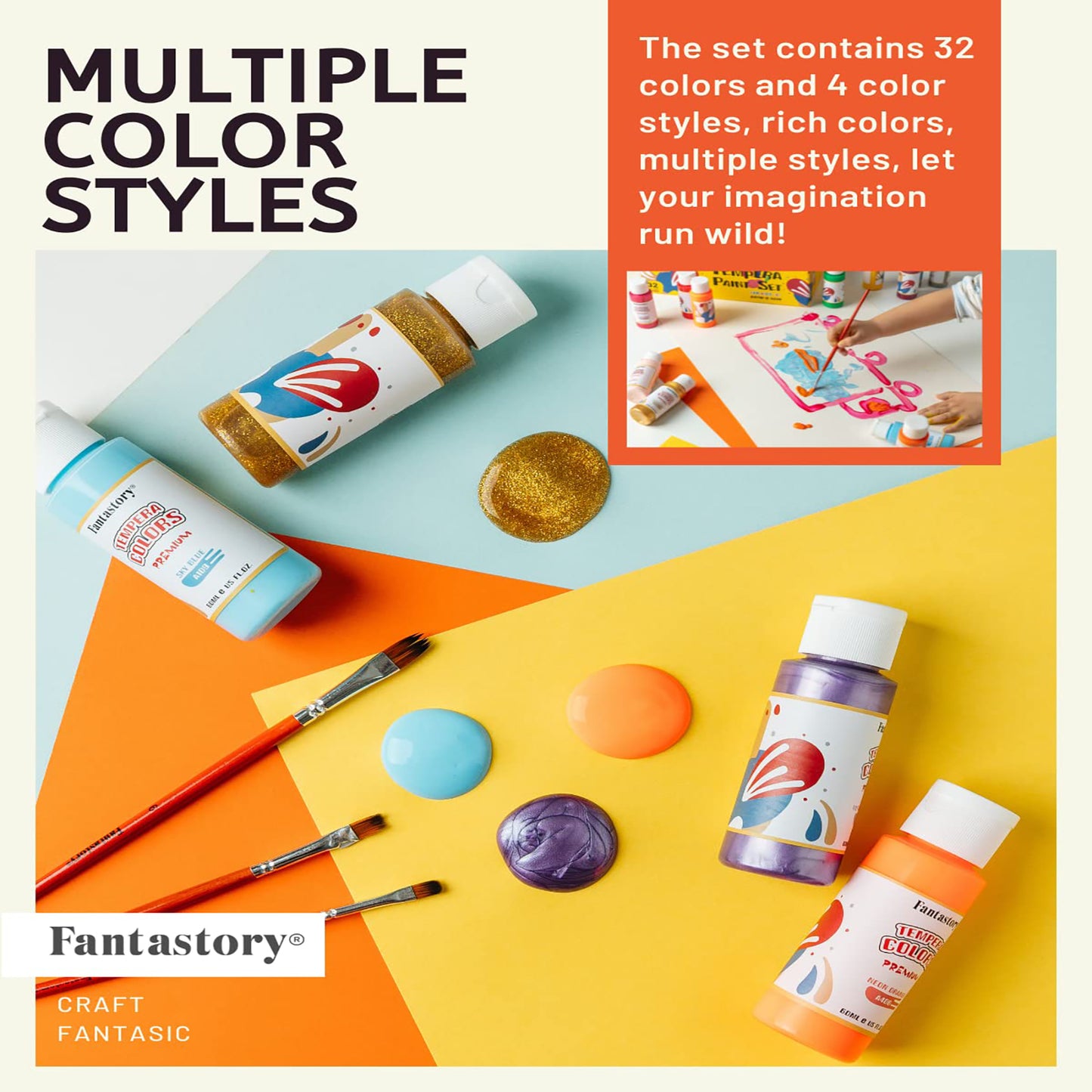 Fantastory Tempera Paint for Kids 32 Colors (2 oz Each) Washable Tempera Paint, Kids Poster Paint Sponge Painting, Non-Toxic Kids Paint Finger Paints Hand Paints Bottles Early Learning