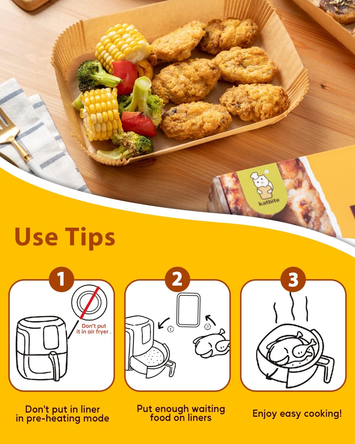 Katbite Disposable Air Fryer Liners, Reactangle, 8.6 x 5.5'', 220 Pieces