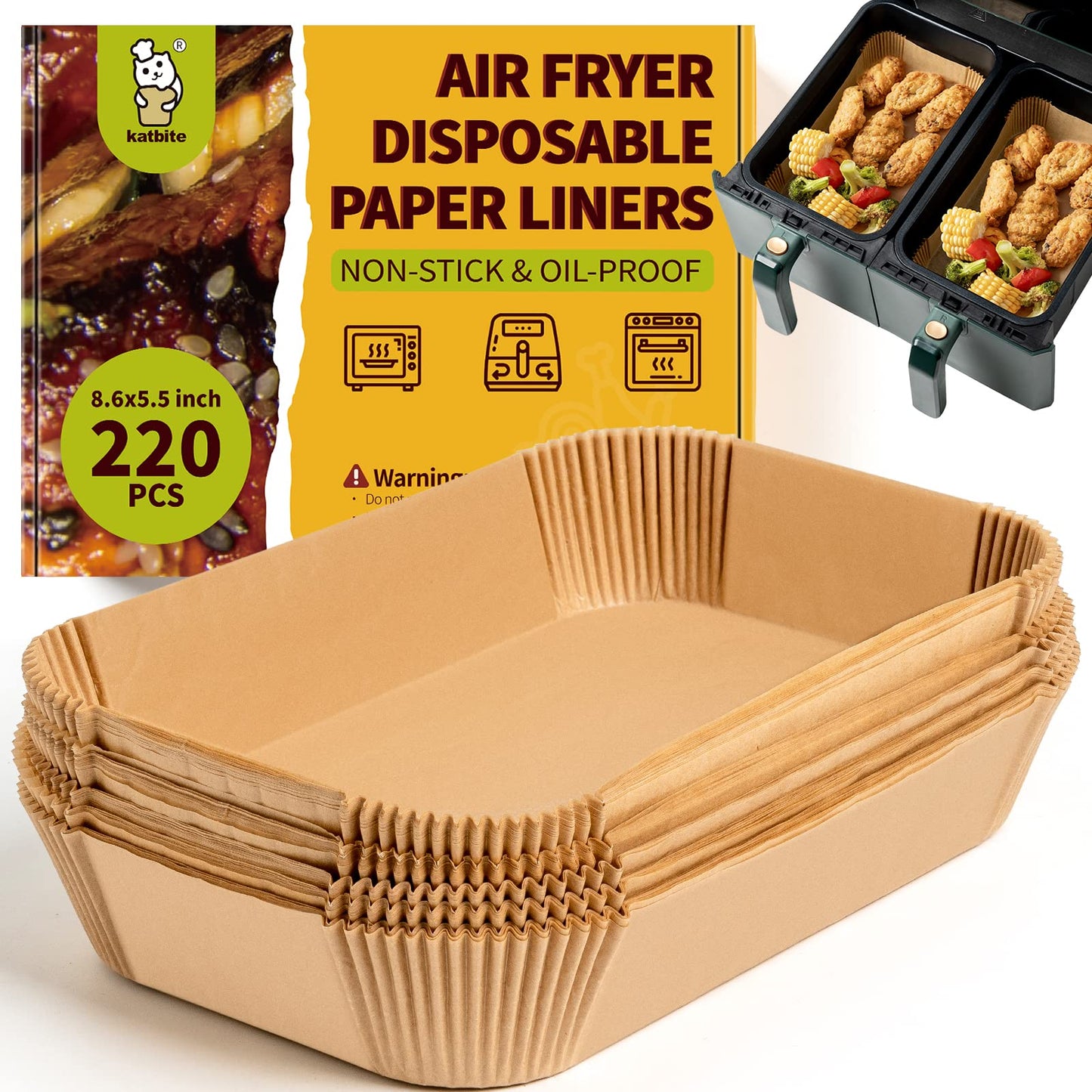 Katbite Disposable Air Fryer Liners, Reactangle, 8.6 x 5.5'', 220 Pieces