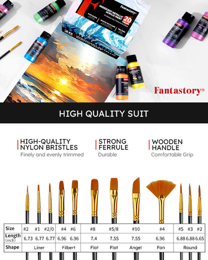 Fantastory Metallic Iridescent Acrylic Paint Set with 12 Brushes, 20 x 2oz Metallic Colors, Color-Shifting, Craft Paint Kit, Metal/Canvas/Rock/Stone/Ceramic/Model/Wood Painting