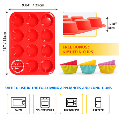 Katbite 12 Cups Silicone Muffin Pan Non-stick Cupcake Pans Silicone Baking Cups,Red.