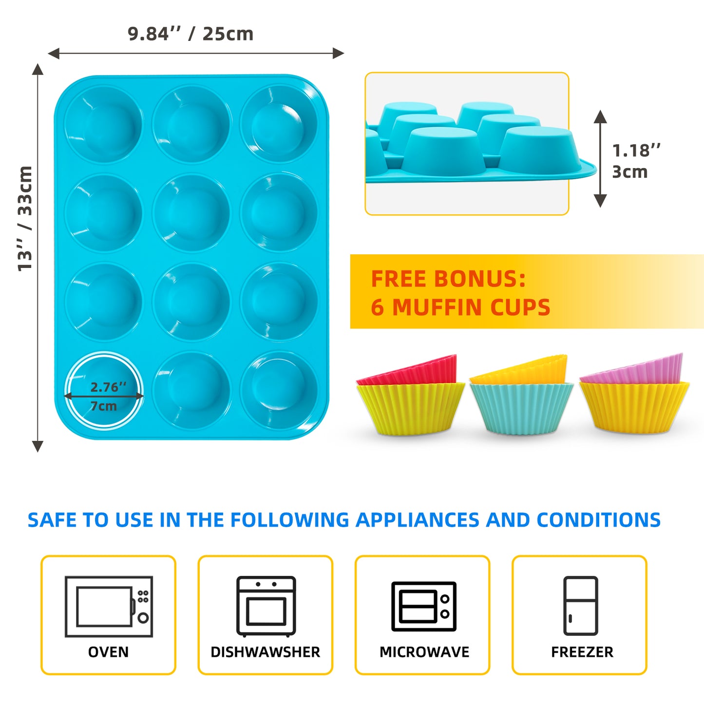 Katbite Silicone Muffin Pan Cupcake Pans 12 Cups Non-stick BPA Free Cupcake Pans