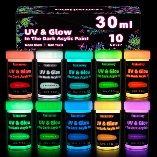 Fantastory Glow in The Dark Paint - 10 Extra Bright Colors 30 ml / 1 oz - Glow Paint,Halloween Decoration and Art Painting