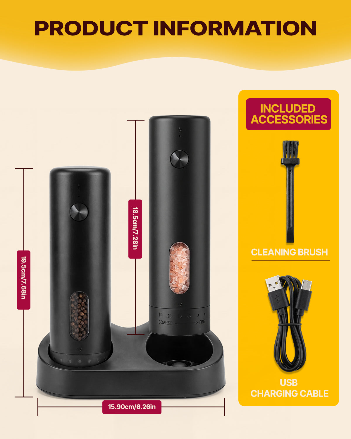 Katbite Electric Salt and Pepper Grinder Set, Usb Charging Base, Button Control, Adjustable Coarseness