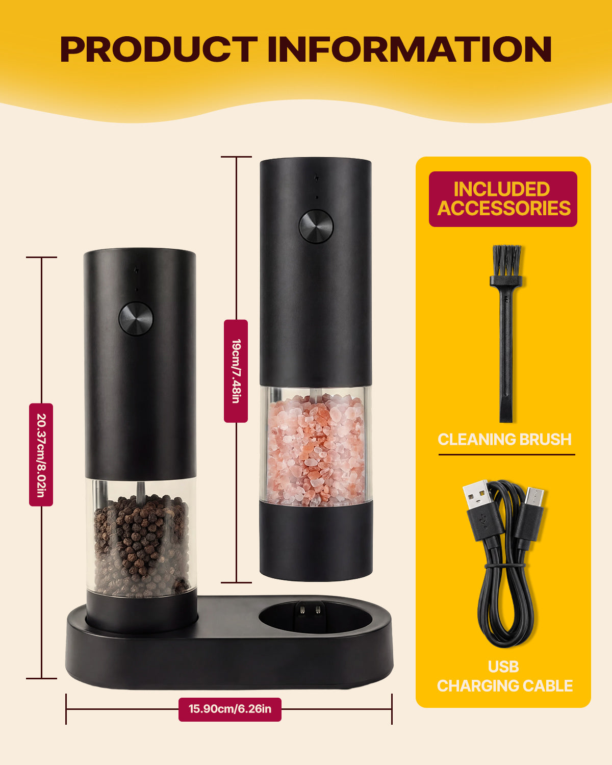 Katbite Electric Salt and Pepper Grinder Set, Battery Powered Mill, Adjustable Coarseness, LED Light
