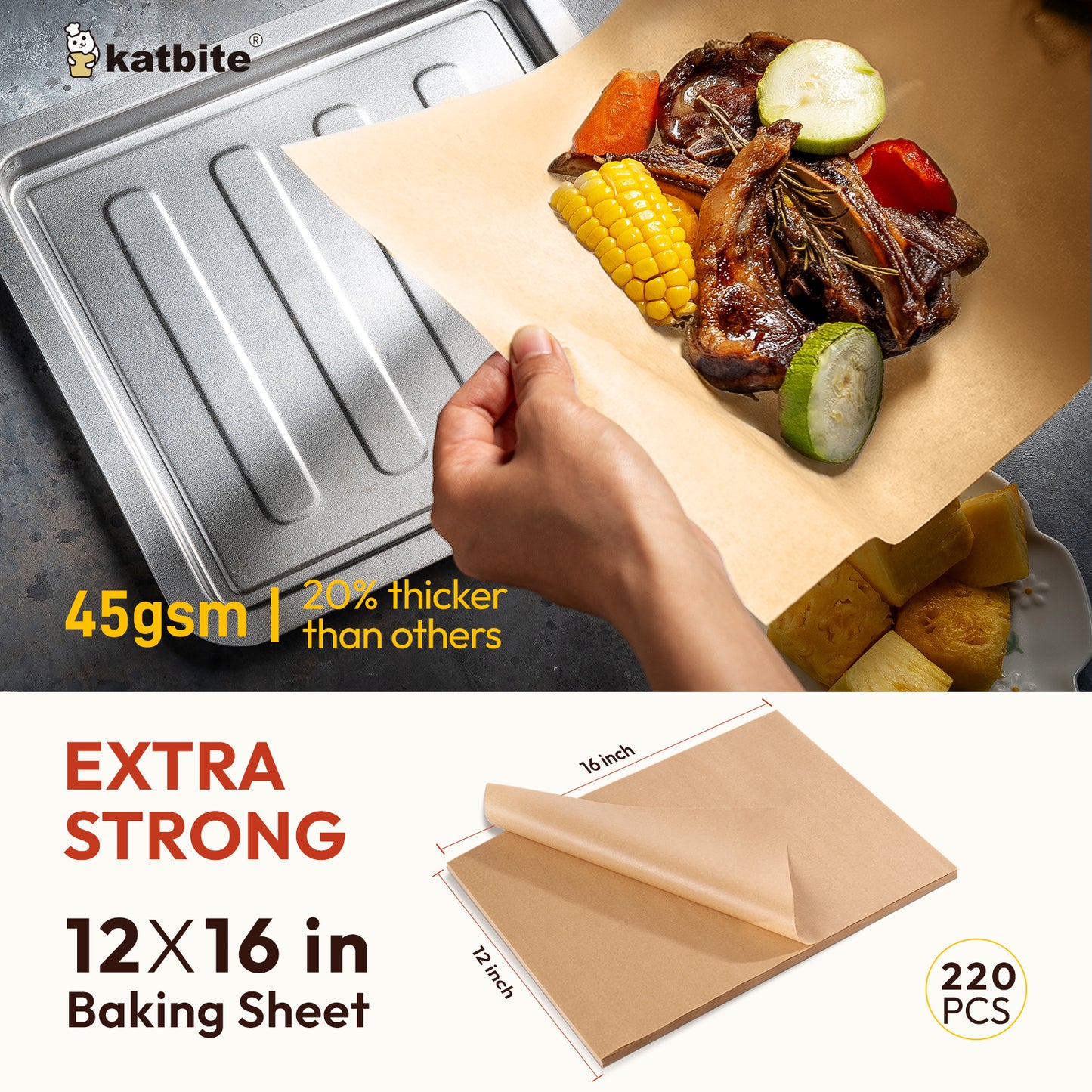 Katbite Unbleached Parchment Paper Sheets - Heavy Duty, Non-Stick, Full Pack 12x16 inch 220PCS