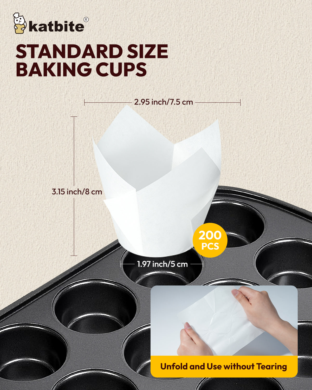 Katbite White Tulip Cupcake Liners – 200 Pcs, Standard Size, Food-Grade Baking Cups, Non-Stick Double-Sided Silicone Coating, Quick Release & Greaseproof