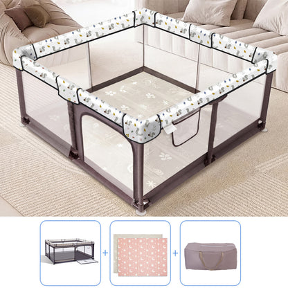 Jonpony Baby Playpen with Mat, 50"x50" Foldable Playpen for Babies and Toddlers, Indoor & Outdoor Play Yard, Brown