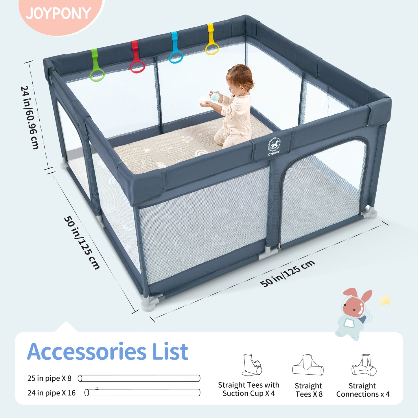 Joypony Baby Playpen with Mat, Large Playpen for Babies and Toddlers, 50 x 50 x 27 inches, Unisex