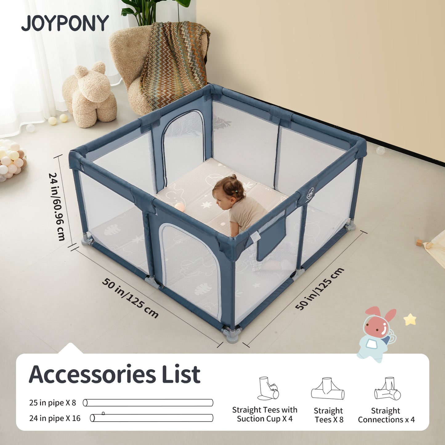Joypony Baby Playpen with Mat, Large Playpen for Babies and Toddlers, 50 x 50 x 27 inches, Unisex