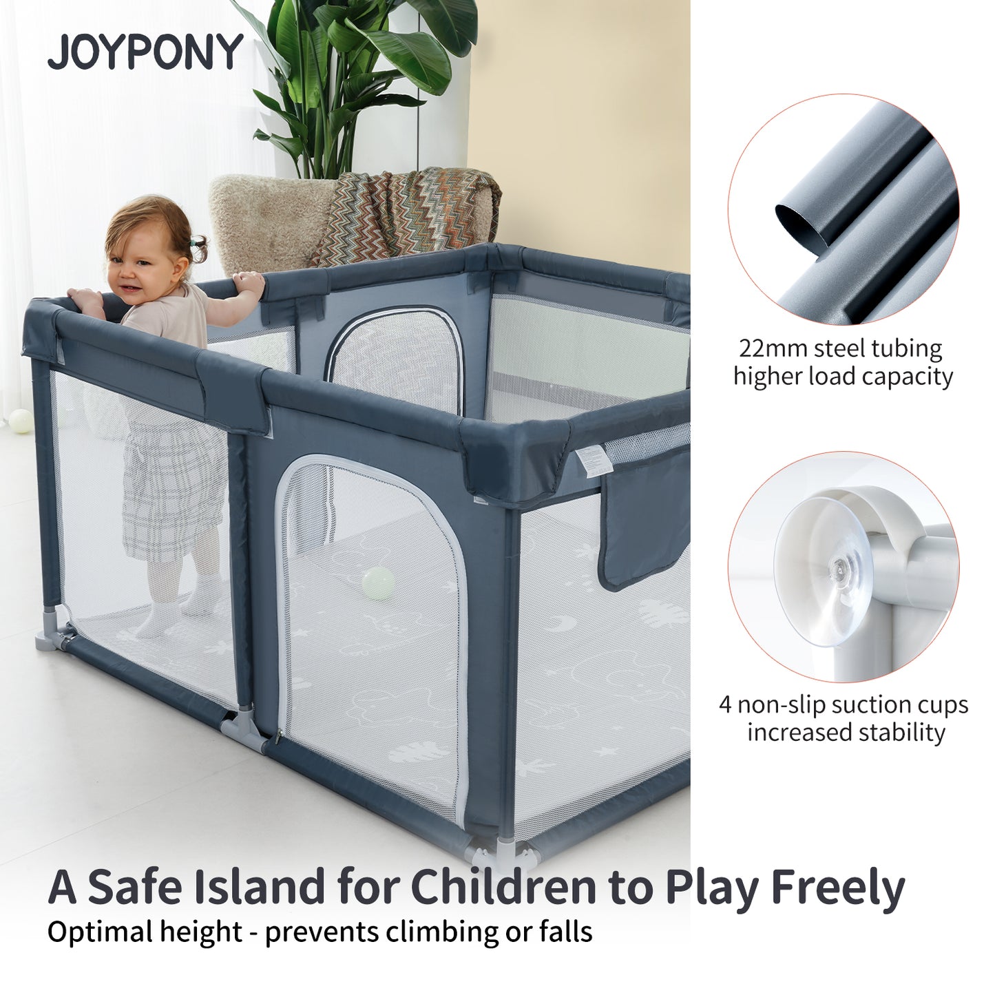 Joypony Baby Playpen with Mat, Large Playpen for Babies and Toddlers, 50 x 50 x 27 inches, Unisex