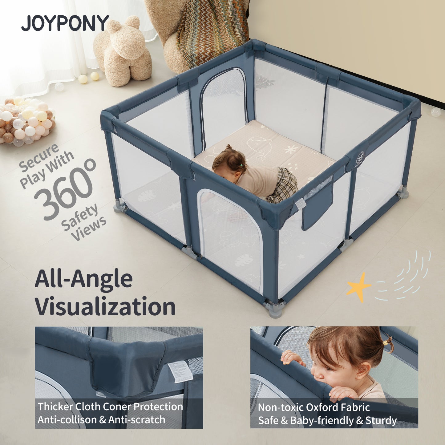 Joypony Baby Playpen with Mat, Large Playpen for Babies and Toddlers, 50 x 50 x 27 inches, Unisex