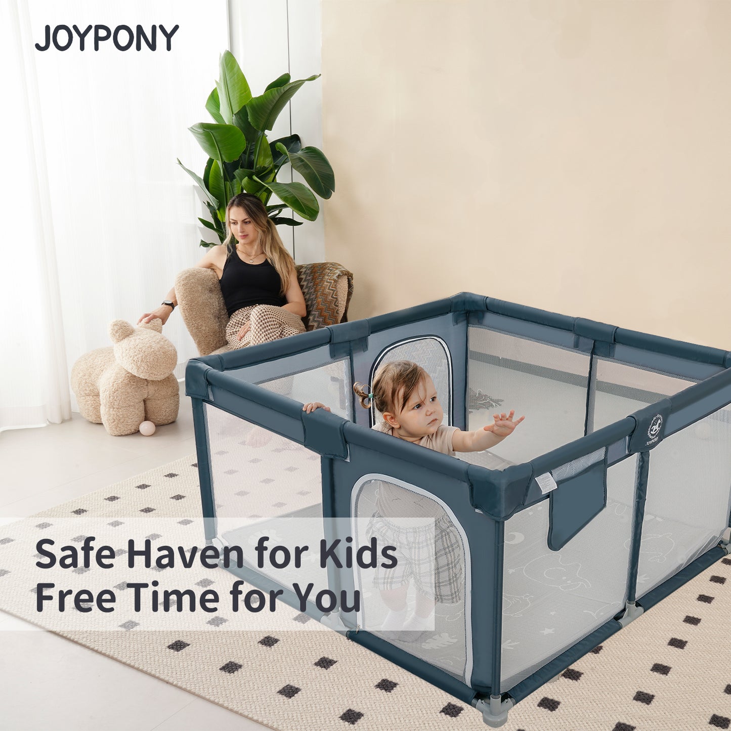 Joypony Baby Playpen with Mat, 50" Indoor & Outdoor Play Area for Infants 4 Hand Rings and Bag