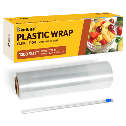 Katbite Plastic Wrap Roll, 12 in x 1200 ft (1200 sq ft), Clear Food Wrap, Removable Slide Cutter Included