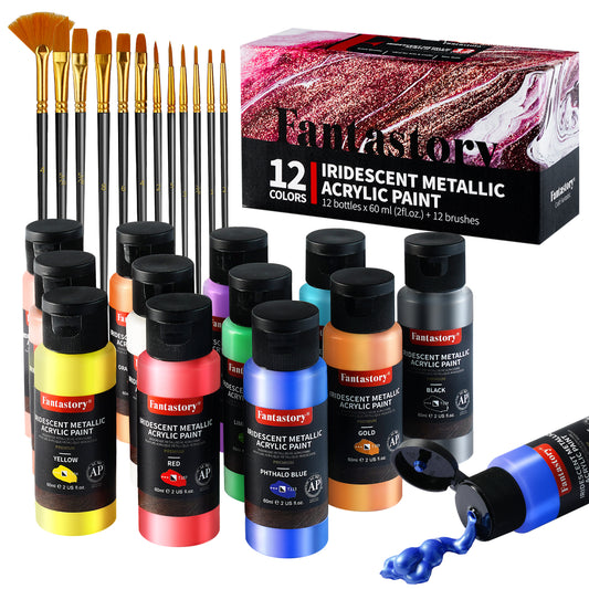 Fantastory Metallic Iridescent Acrylic Paint Set with 12 Brushes, 12 x 2oz Metallic Colors, Color-Shifting, Craft Paint Kit