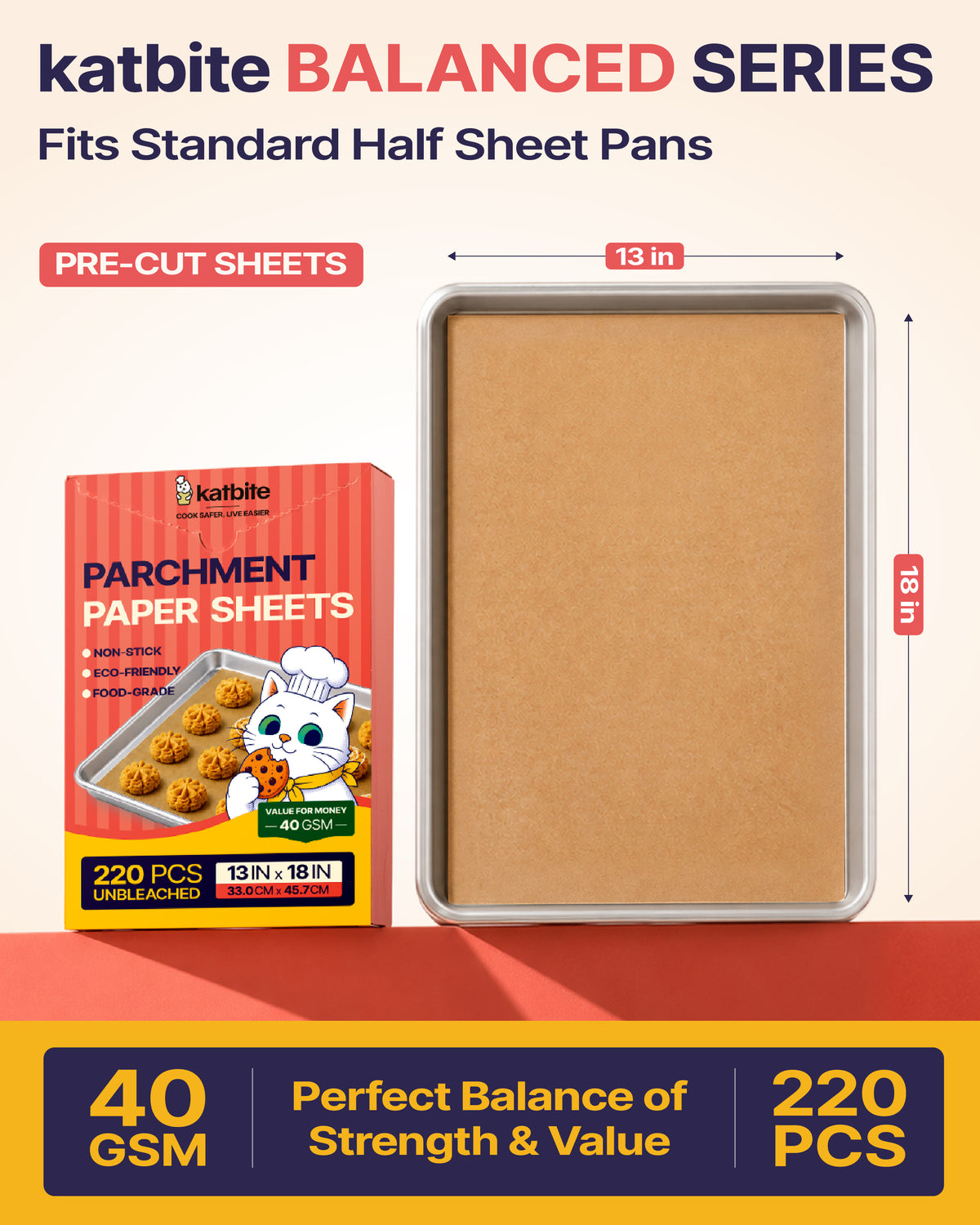Katbite 220 Sheets 13x18 in Parchment Paper, Unbleached Non-Stick Baking Paper Sheets
