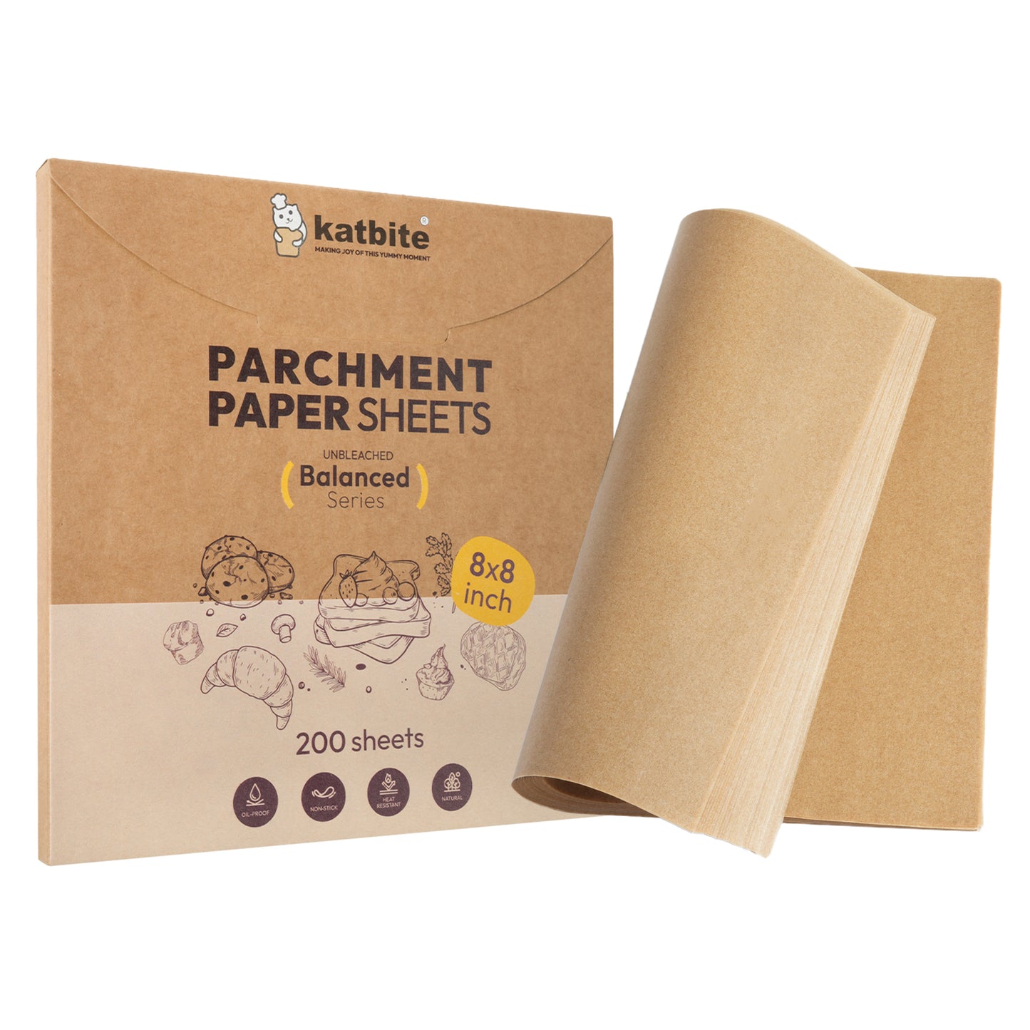 Katbite parchment paper baking sheets, 8 x 8 inch, 200 count, unbleached, non-stick, oil-resistant, precut square liners