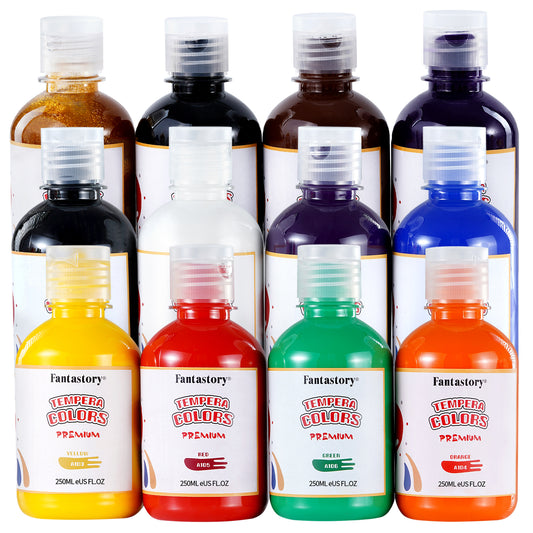 Fantastory Tempera Paint for Kids 12 Colors (8.4 oz Each) Washable Tempera Paint, Kids Poster Paint Sponge Painting, Non-Toxic Kids Paint Finger Paints Hand Paints Bottles Gifts