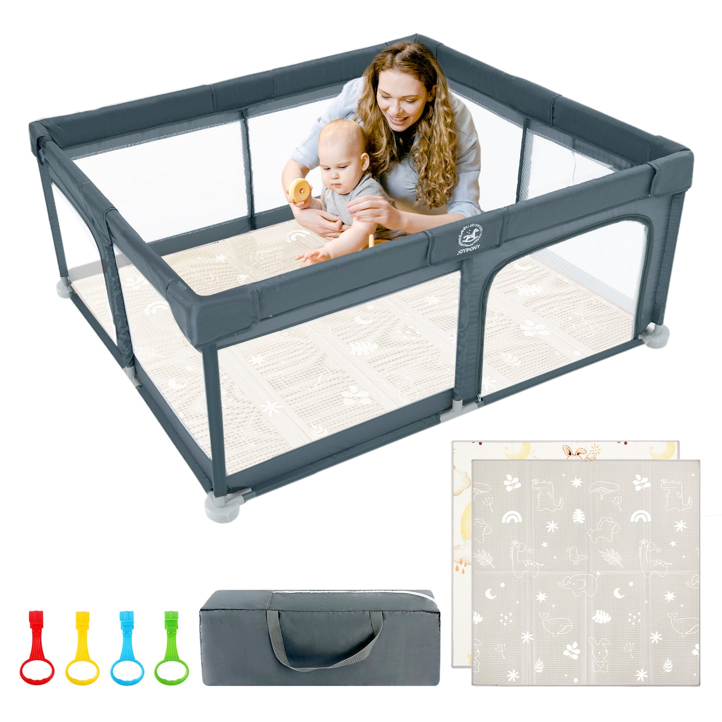 Joypony Baby Playpen with Mat, 50" Indoor & Outdoor Play Area for Infants 4 Hand Rings and Bag