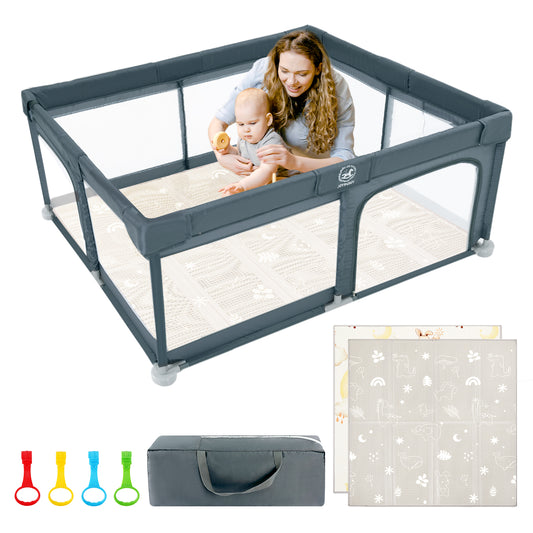 Joypony Baby Playpen with Mat, 50" Indoor & Outdoor Play Area for Infants 4 Hand Rings and Bag