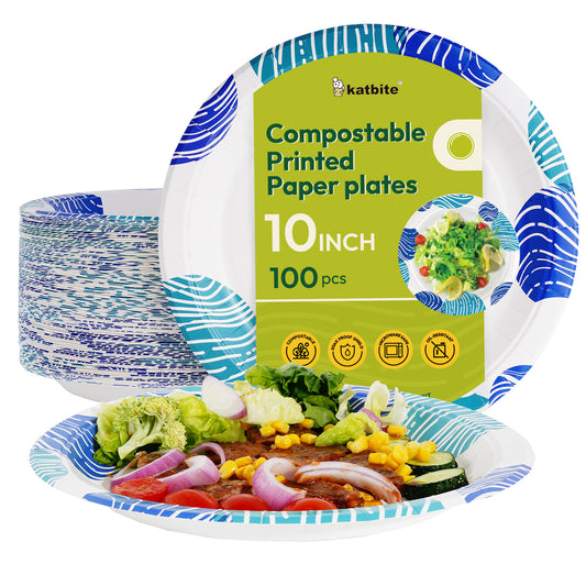 Katbite 10-Inch Biodegradable & Compostable Disposable Paper Plates - 100 Count