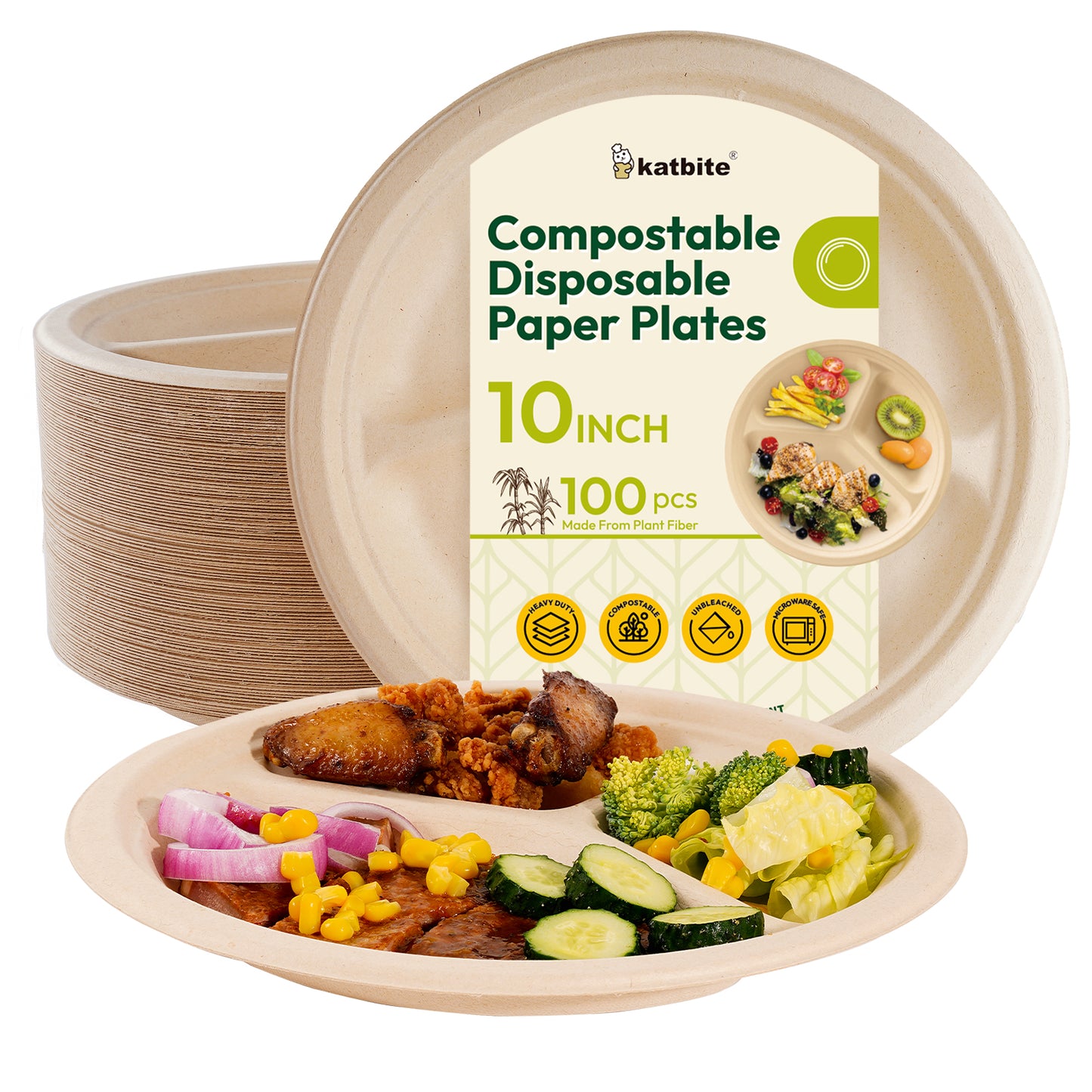 Katbite Disposable Paper Plates 3-Compartment Plates, 10 Inch, 100 Count