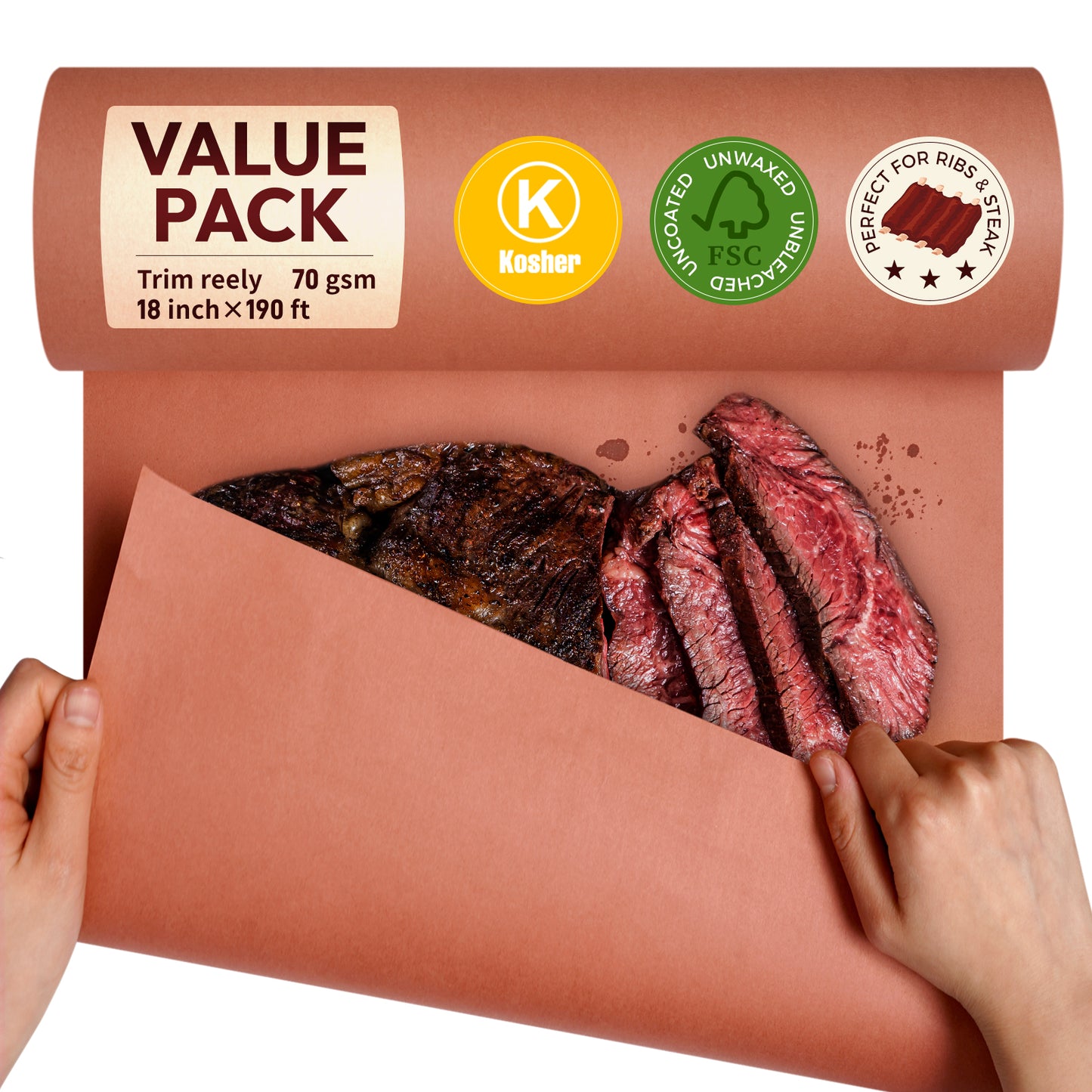 Katbite Butcher Paper Roll - 17 inch x 190 ft Roll of Food Grade Peach Butcher Paper for Smoking Meat - Unbleached, Unwaxed, and Uncoated Kraft Paper Roll