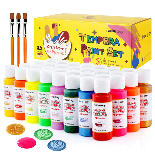 Fantastory Tempera Paint for Kids 32 Colors (2 oz Each) Washable Tempera Paint, Kids Poster Paint Sponge Painting, Non-Toxic Kids Paint Finger Paints Hand Paints Bottles Early Learning