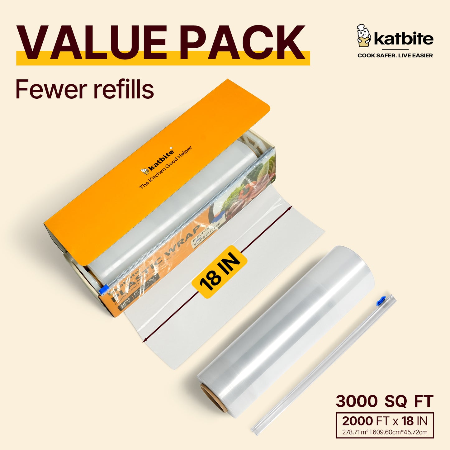 Katbite Plastic Wrap Roll, 18 in x 2000 ft (3000 sq ft), Clear Food Wrap, With Removable Slide Cutter
