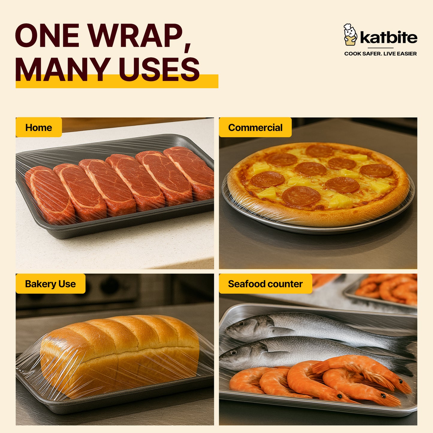 Katbite Plastic Wrap Roll, 18 in x 2000 ft (3000 sq ft), Clear Food Wrap, With Removable Slide Cutter