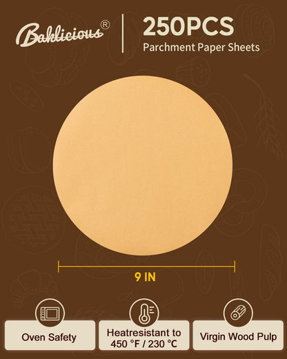 Baklicious 250 Count 9 inch Round Parchment Paper, Non-Stick Baking Liners for Cake Pans