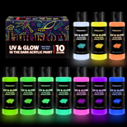 Fantastory Glow in The Dark Paint - 10 Extra Bright Colors 60 ml / 2 oz Glow in Dark Acrylic Paint