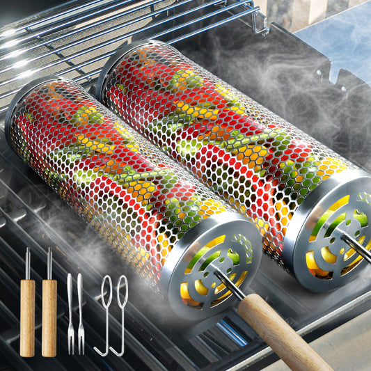 Katbite 2-Pack Rolling Grill Baskets with Removable Wooden Handles, 304 Stainless Steel BBQ Baskets