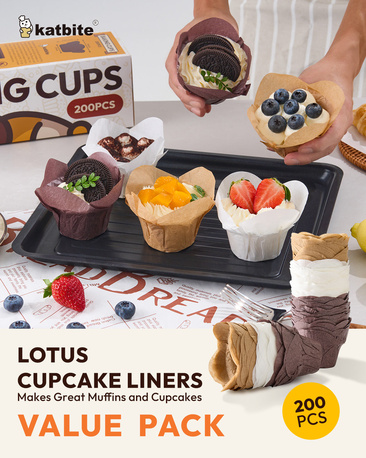 Lotus Tulip Cupcake Liners 200pcs - Katbite Premium Parchment Baking Cups, Non-Stick & Heat-Resistant, Perfect for Parties, Weddings, Birthdays, Christmas, Baby Showers