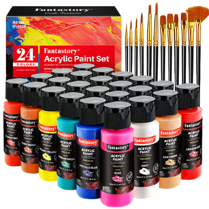 Acrylic Paint Set - 24 Classic Colors (2oz), Craft Paint Kit with 12 Brushes