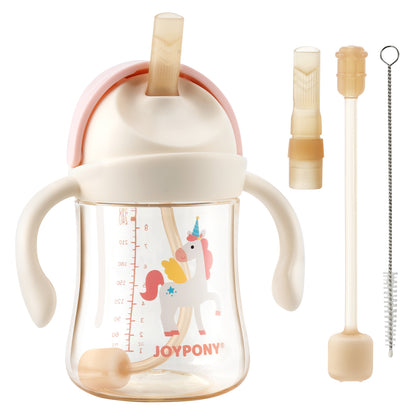 Joypony Sippy Cups for Toddlers 1-3, Spill Proof Weighted Straw Cup with Handle for Baby 6 Months + old, 2 Silicone Straws, PPSU, BPA Free, 9 oz (Pink)