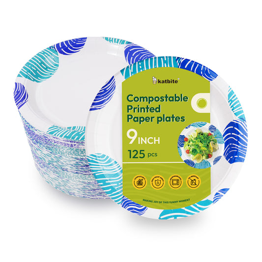 Katbite 9-Inch Round Biodegradable Compostable Paper Plates, 125 Count - Eco-Friendly Disposable Tableware