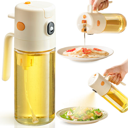 Katbite 2-in-1 oil sprayer and dispenser, 18.6 oz glass bottle with one-touch lid, leakproof, fine mist for cooking, salad, air fryer