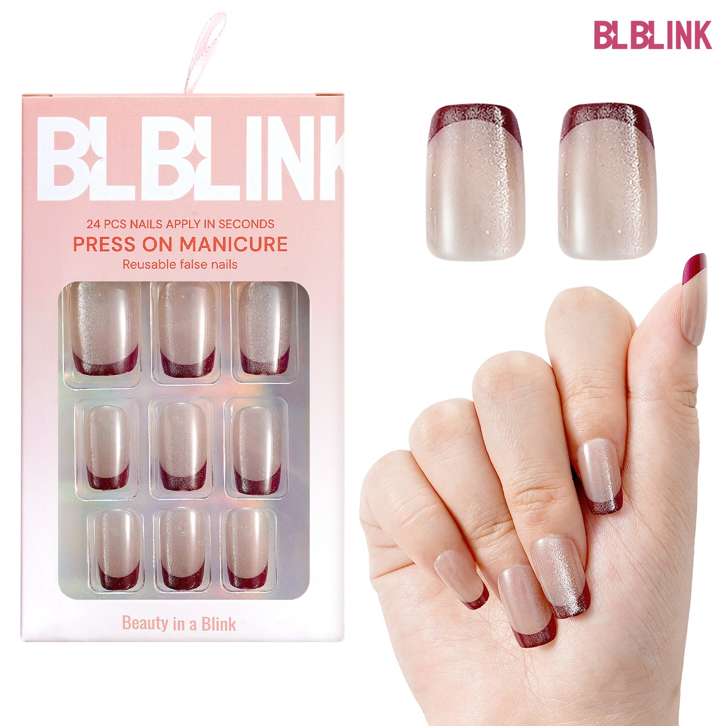 BLBLINK Cat Eye French Press-On Nails, 24PCS Square Shape, Multi-Color Design for Salon-Quality Style ﻿
