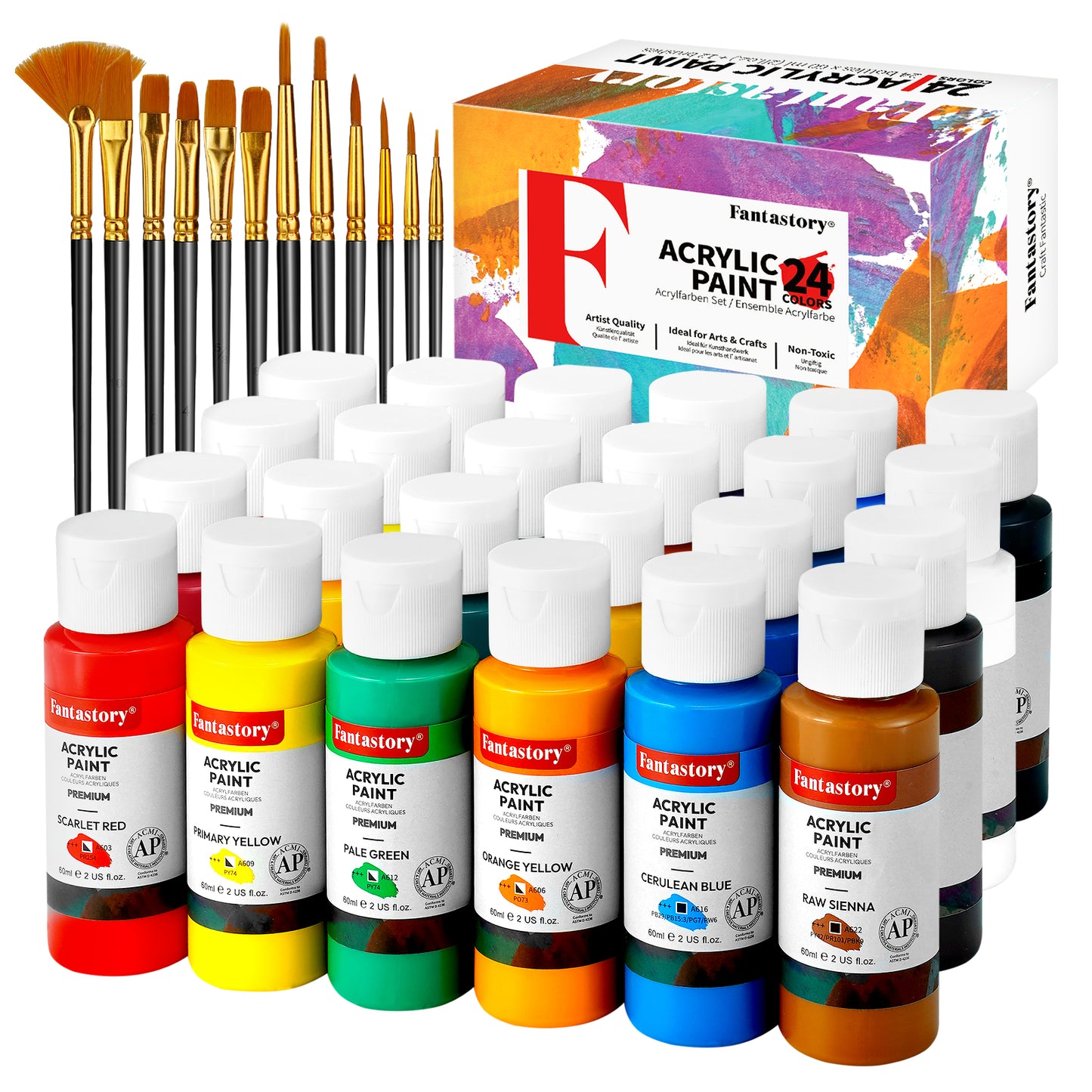 Acrylic Paint Set, 24 x 2 oz + 12 Brushes; Christmas Acrylic Paint, Fade-Resistant, Waterproof; Suitable for Glass, Canvas, Wood, Ceramics, Models; Perfect for Beginners, Art Students, and Hobby Artists