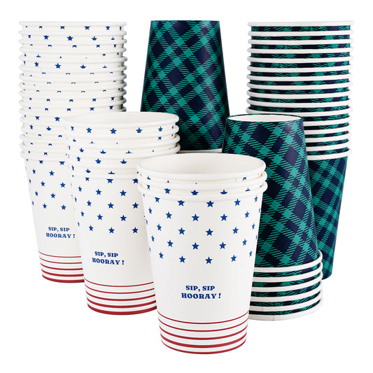 Katbite 50 Pcs 12 oz Disposable Paper Cups for Hot/Cold Beverages, Plaid and Star Design