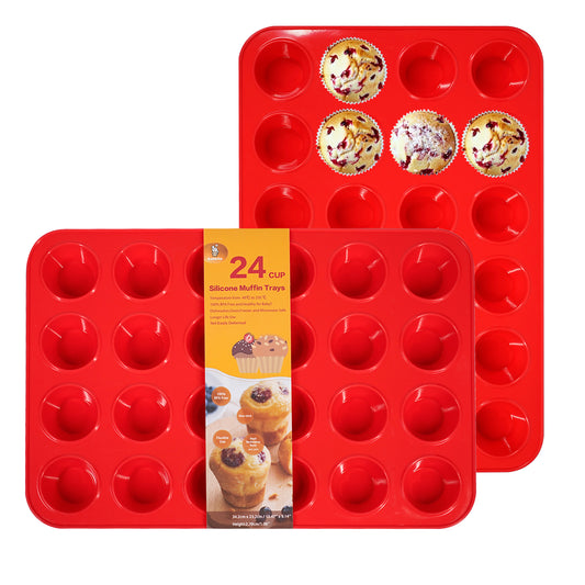 Katbite Silicone Mini Muffin Pan 24 Cups Cupcake Pan Food Grade Silicone Molds for Baking,Red