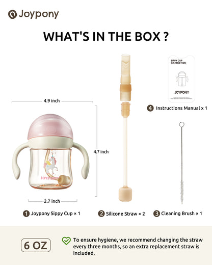 Joypony Baby Sippy Cups 6-12 Months, Spill Proof Weighted Straw Cup with Handle for Toddlers 1-3, 2 Silicone Straws, PPSU, BPA Free, 6 oz (Pink)