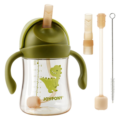 Joypony Spill-Proof Sippy Cup with Weighted Straw, PPSU Baby Cup with Handles for Toddlers 1-3, 6M+, BPA Free, 2 Silicone Straws, 9oz,Green