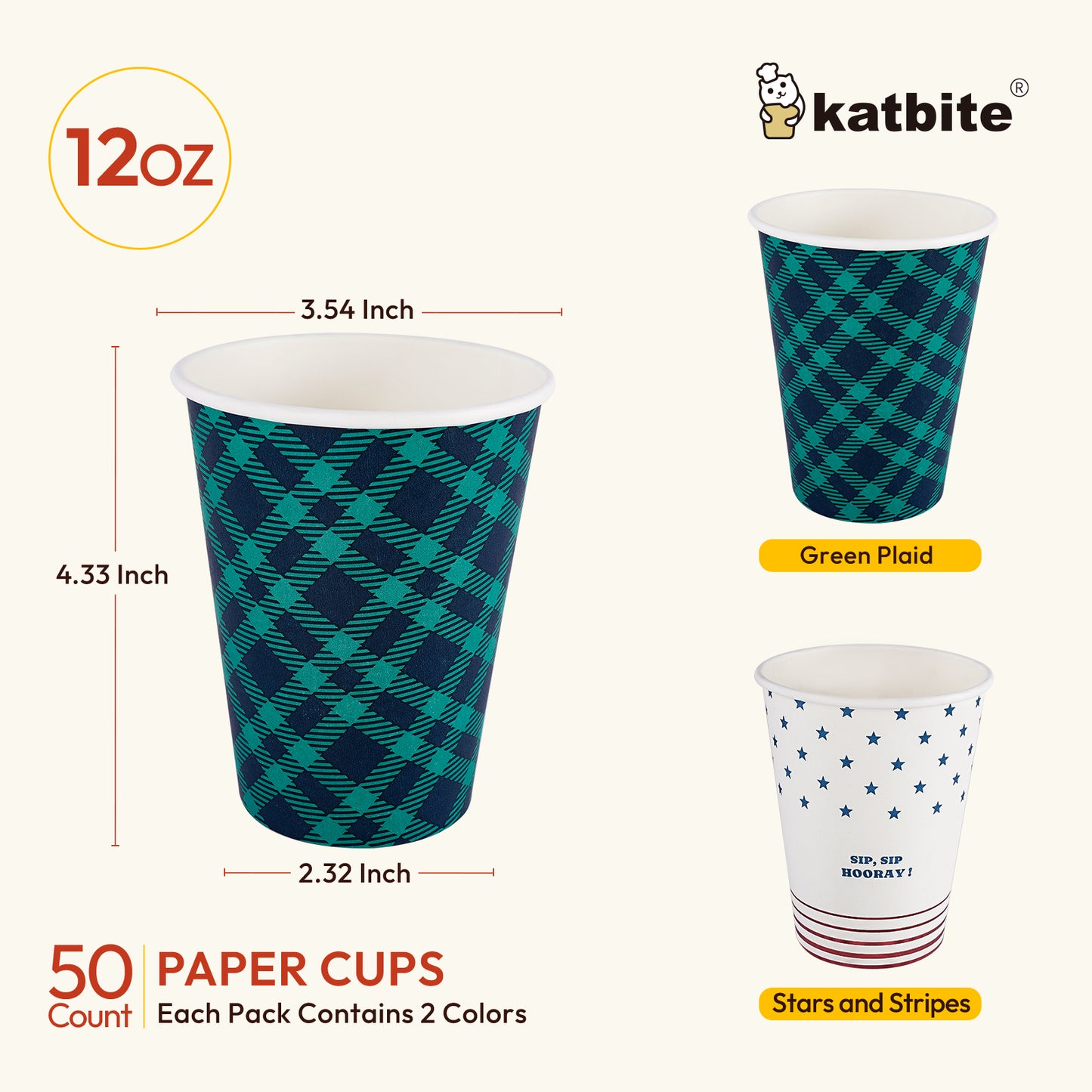 Katbite 50 Pcs 12 oz Disposable Paper Cups for Hot/Cold Beverages, Plaid and Star Design